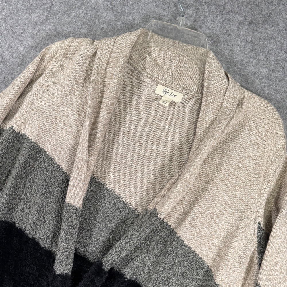 Style & Co Cardigan Sweater Womens XL Tan Grey Black Colorblock Open Front Knit